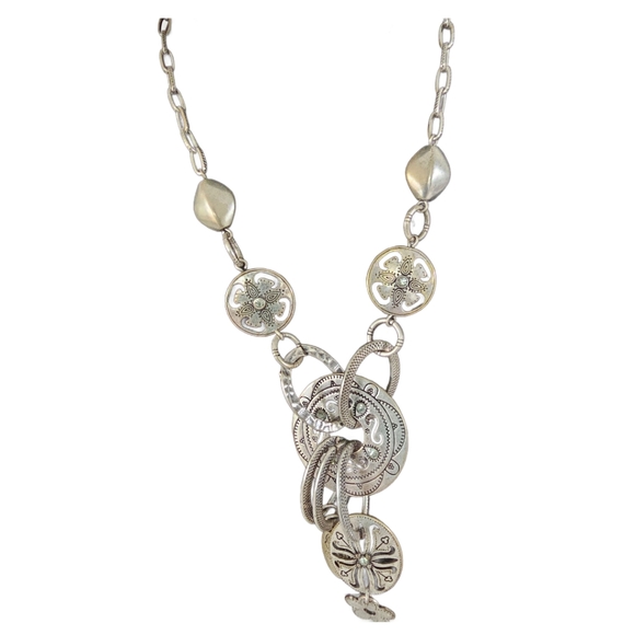 Vintage Boho Jeweled Medallion Silver Charm Necklace 17 Inch w/ 4 inch ext. - Picture 2 of 3